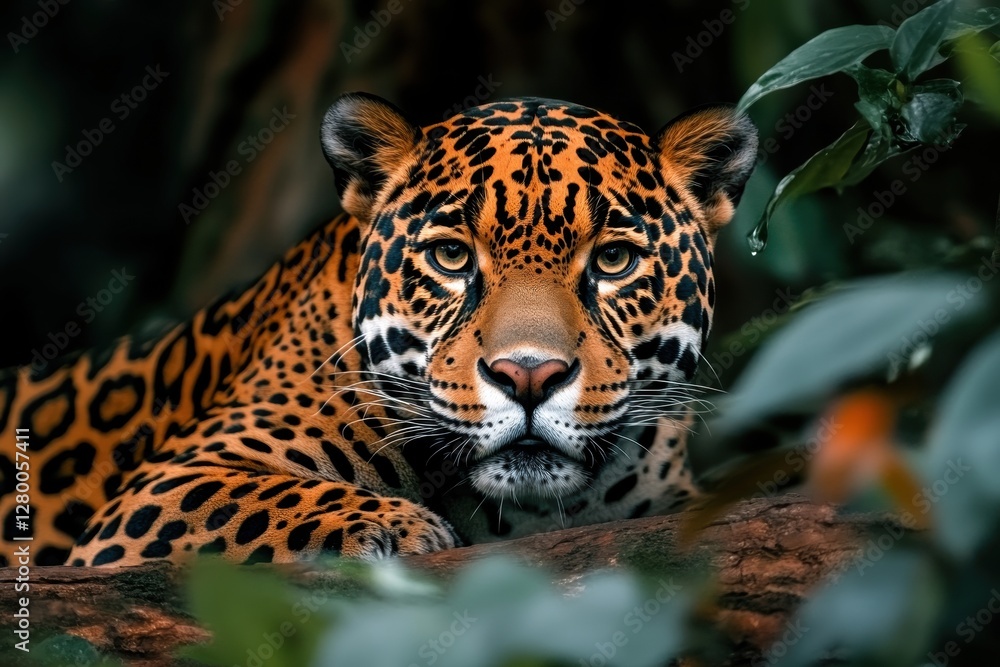 Majestic jaguar resting in lush rainforest, showcasing its stunning coat. Majestic jaguar resting in lush rainforest, showcasing its stunning coat.
