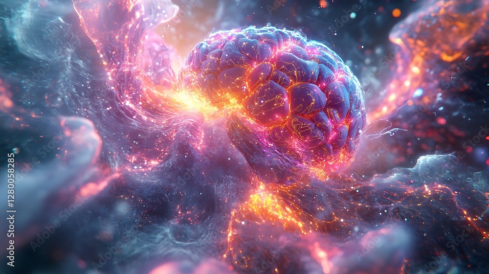 A cybernetic brain with glowing circuits merging into a radiant quantum singularity, surrounded by swirling energy and holographic patterns, vibrant neon colors dominating the scene, A cybernetic brain with glowing circuits merging into a radiant quantum singularity, surrounded by swirling energy and holographic patterns, vibrant neon colors dominating the scene,