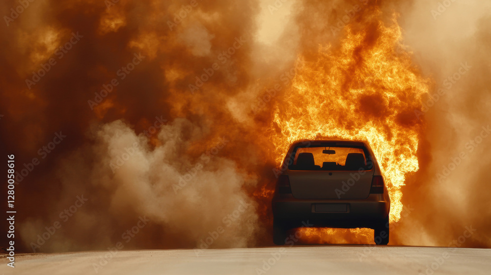 Obraz premium Environmental crisis. Car engulfed in flames with thick smoke billowing around it.