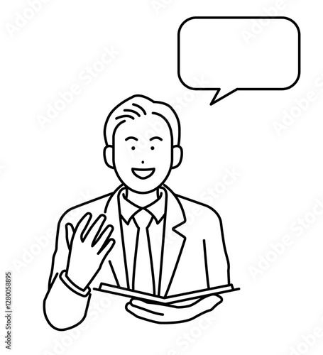 プレゼンや説明をするビジネスマンのイラスト　線画のみ