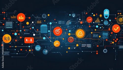 Connected digital network graphic, abstract system, showing data flow