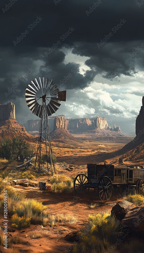 Obraz premium A Dramatic Landscape Featuring a Windmill and a Wagon