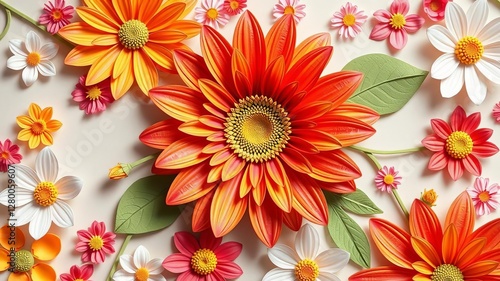 Colorful paper cut effect flowers frame with vibrant dahlia and daisy blooms, daisy, cut out, decorative