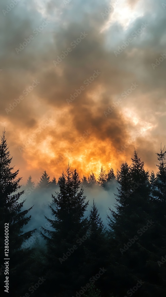 Naklejka premium Smoky Sunset Over Forest