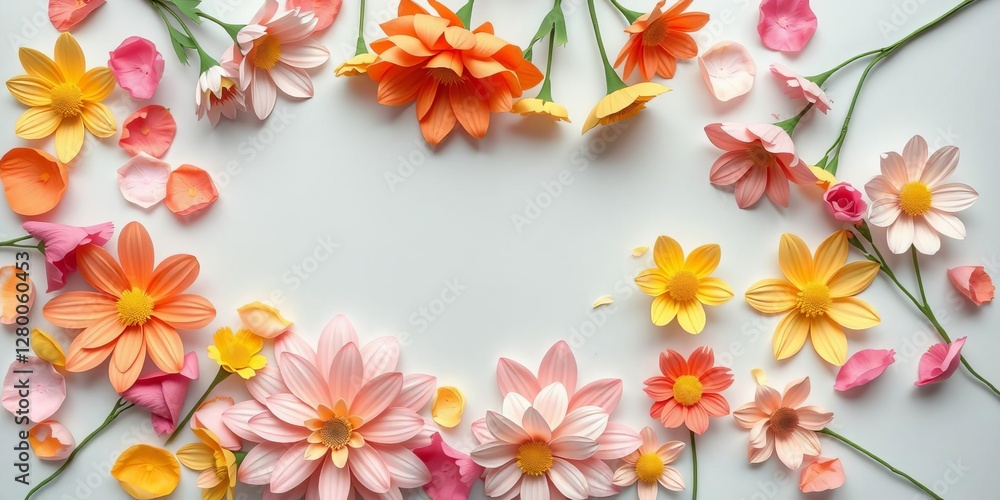 Fototapeta premium Colorful paper flowers in various shapes and sizes scattered on a grey background, floral, handmade, flat lay
