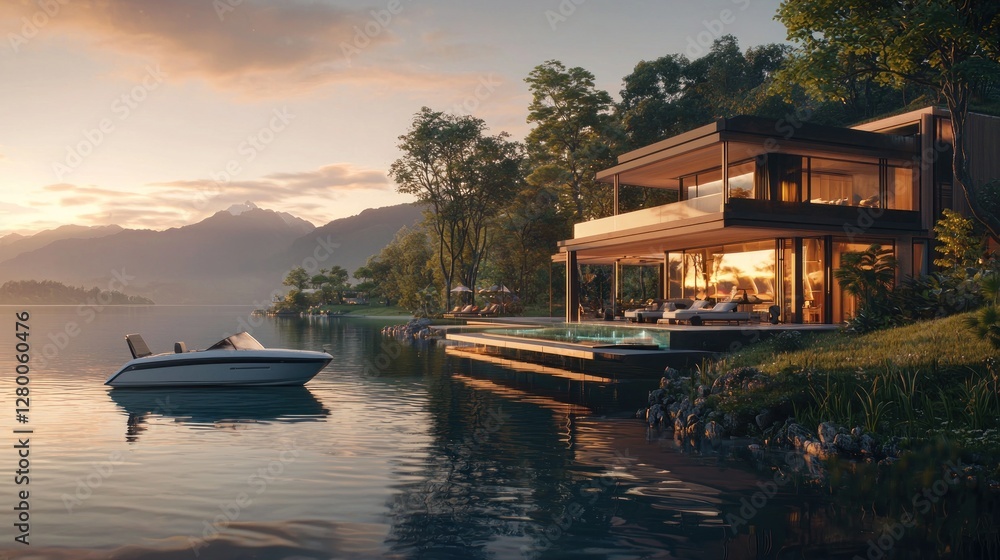Fototapeta premium Luxurious lake house at sunset with boat.