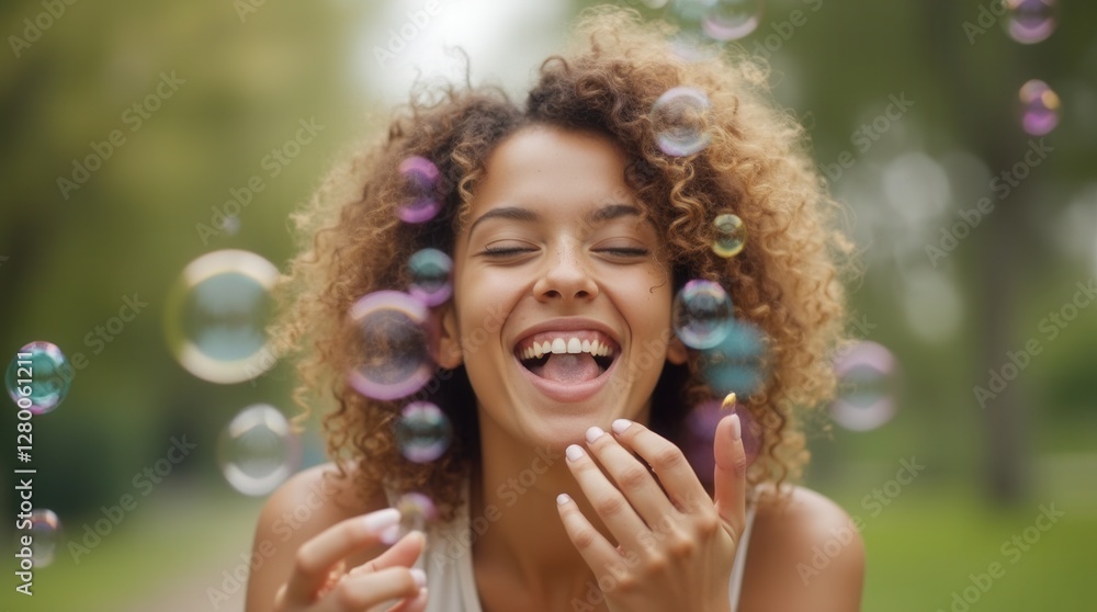 Joyful young woman laughing with soap bubbles in garden Joyful young woman laughing with soap bubbles in garden