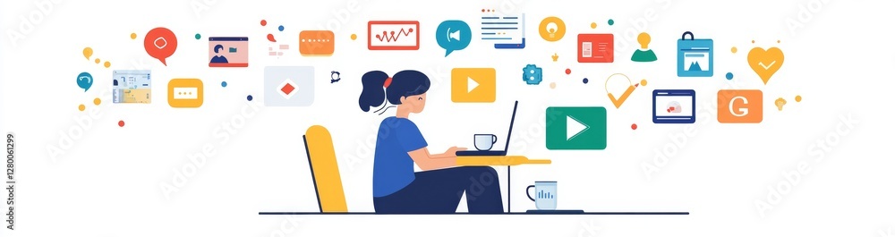 A person typing on a laptop with digital marketing icons floating above the desk A person typing on a laptop with digital marketing icons floating above the desk