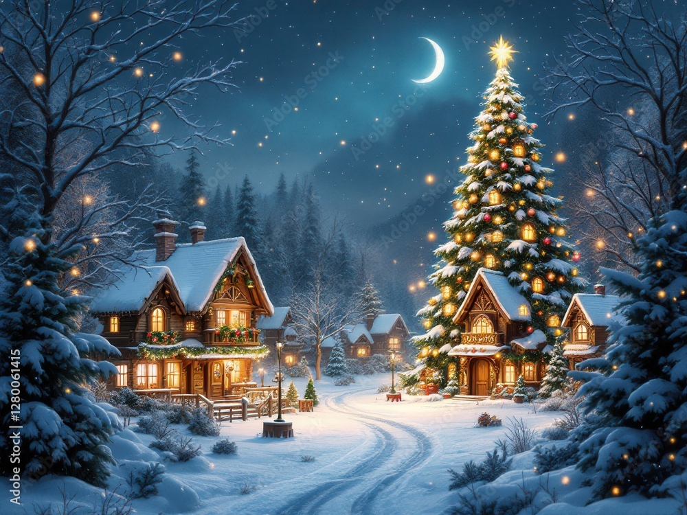 Winter village with Christmas trees and snow at night Winter village with Christmas trees and snow at night