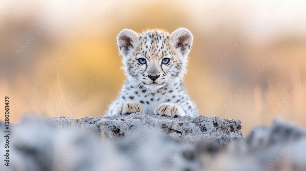 Fototapeta premium Adorable Leopard Cub, African Savanna Sunset