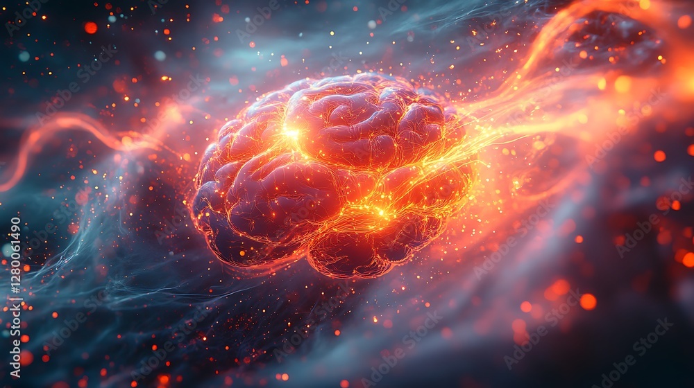 Obraz premium A futuristic cyber brain glowing with pulsating energy, neural circuits entwined with bright, swirling quantum waves, surrounded by a cosmic atmosphere of luminous particles,