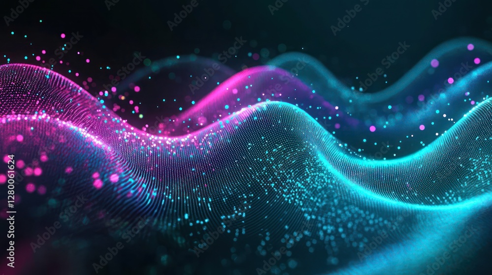 Streaks of neon fuchsia and sky blue form glowing particle clusters on a shadowy dark green and teal medium with a metallic mesh texture. Streaks of neon fuchsia and sky blue form glowing particle clusters on a shadowy dark green and teal medium with a metallic mesh texture.