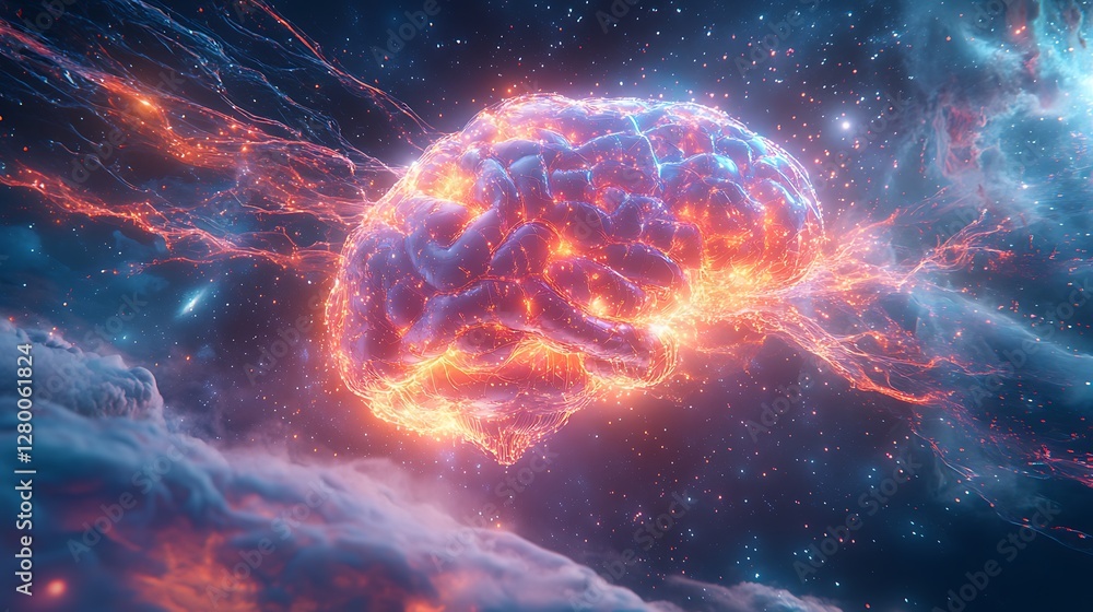 A futuristic floating cybernetic brain, neural circuits glowing in vibrant hues, integrated seamlessly with a vast quantum computing cloud in the background, A futuristic floating cybernetic brain, neural circuits glowing in vibrant hues, integrated seamlessly with a vast quantum computing cloud in the background,