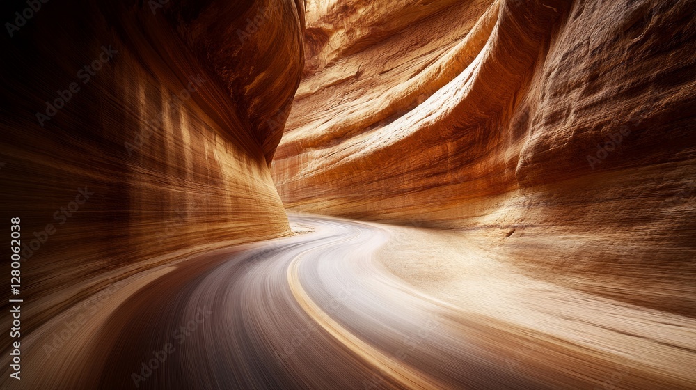 Obraz premium Drag racing car speeding through a winding canyon road. Featuring thrill and adventure