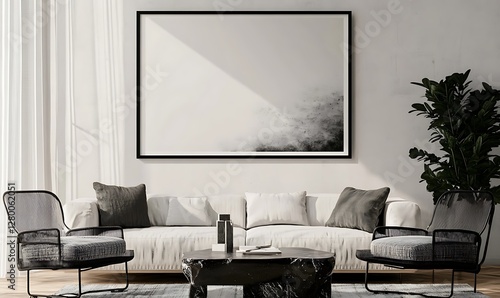 Frame mockup, ISO A paper size. Living room wall poster mockup. Interior mockup with house backgroun rd. Modern interior design.