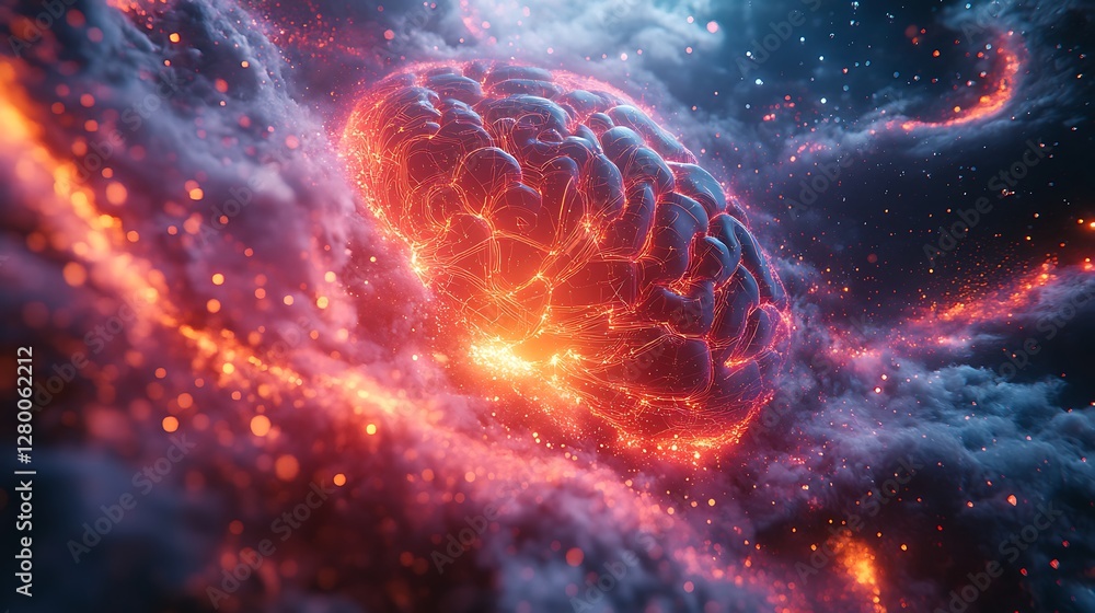 A futuristic neural brain glowing with vibrant circuits, dynamically fused with swirling quantum particles, holographic light beams illuminating the cosmic environment, ethereal fog adding depth, A futuristic neural brain glowing with vibrant circuits, dynamically fused with swirling quantum particles, holographic light beams illuminating the cosmic environment, ethereal fog adding depth,