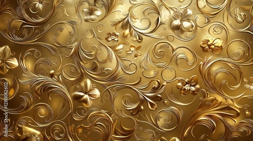 Swirling floral patterns on ornate golden foil with soft reflective highlights are depicted.