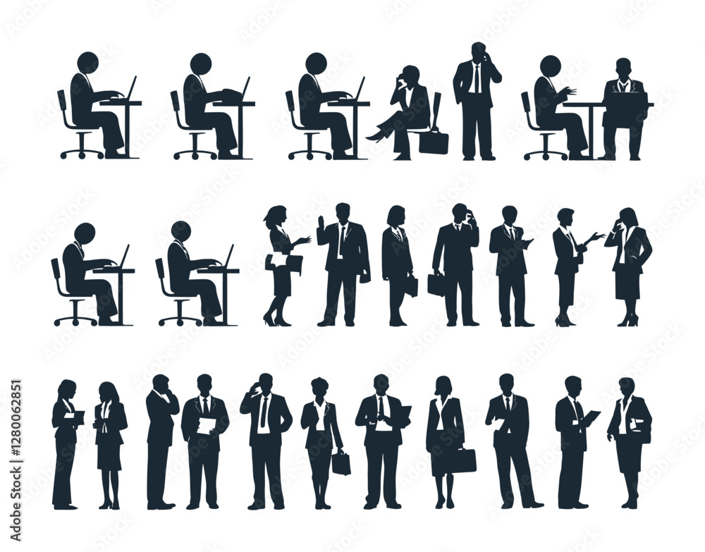 Fototapeta premium Business Office Work Silhouette Collection Vector Template