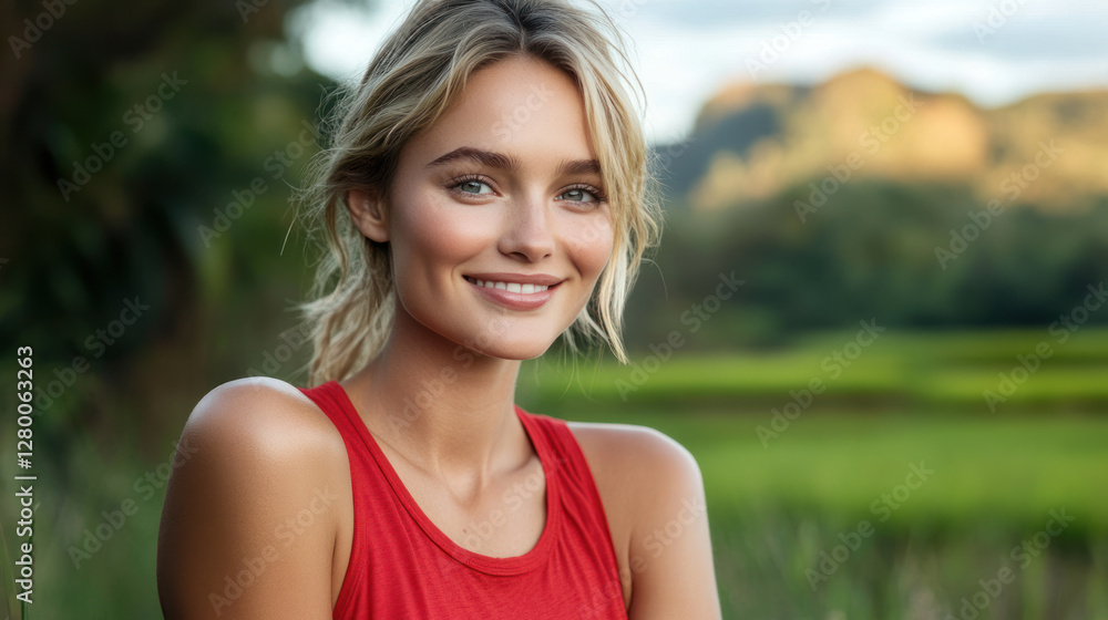 Germany woman in red t-shirt smiling enjoying outdoor activity at rice field and terraces in the mountain Germany woman in red t-shirt smiling enjoying outdoor activity at rice field and terraces in the mountain