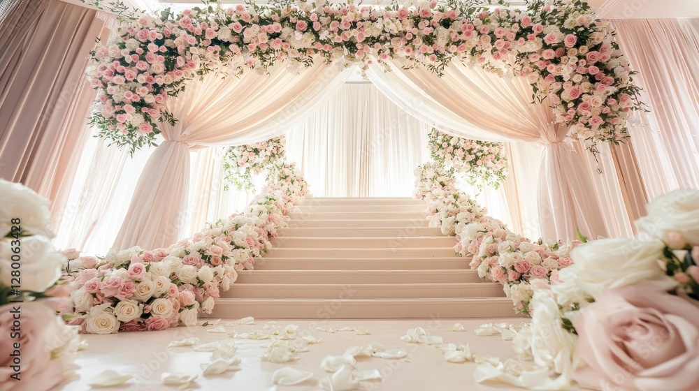 Elegant wedding ceremony setup with floral staircase and drapes. Elegant wedding ceremony setup with floral staircase and drapes.