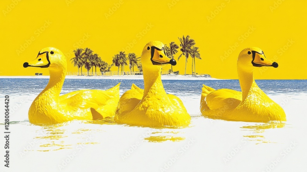 Obraz premium Whimsical yellow ducks swimming in tropical azure waters abstract summer vacation family travel playful waterbirds idyllic scene