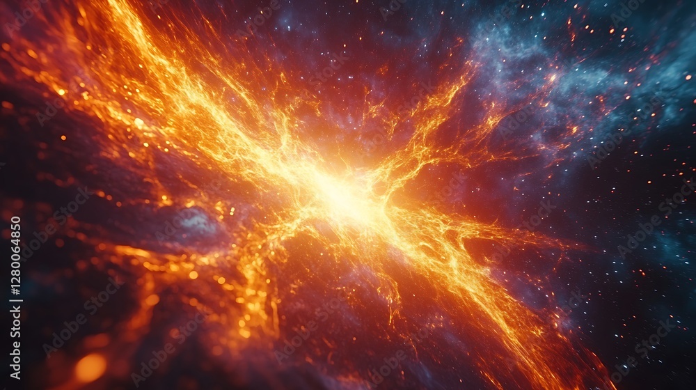 Naklejka premium A glowing cybernetic brain merging seamlessly into a radiant quantum singularity, vibrant streams of energy spiraling outward, surrounded by a cosmic backdrop filled with shimmering particles,