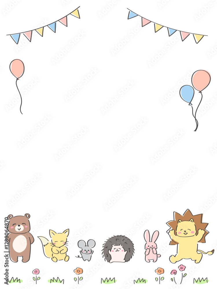 かわいい動物たちのお祝いフレーム　縦型　くま　狐　ネズミ　ハリネズミ　うさぎ　ライオン