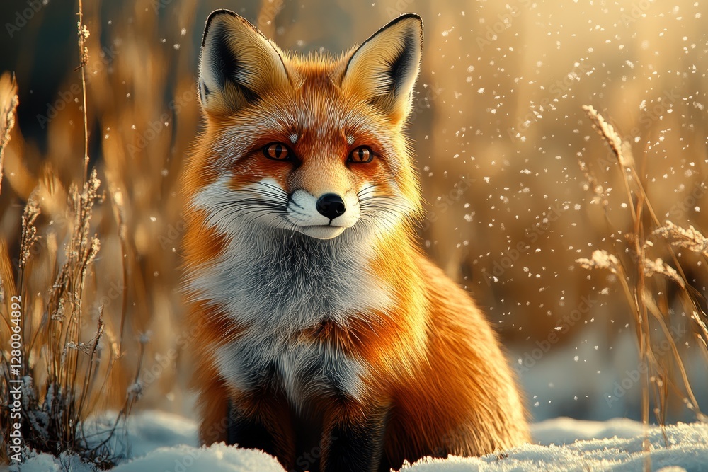 Obraz premium A beautiful red fox sitting gracefully in a snowy landscape.