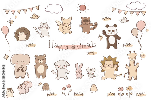 セピアカラーのゆるかわいい全身動物イラストセット