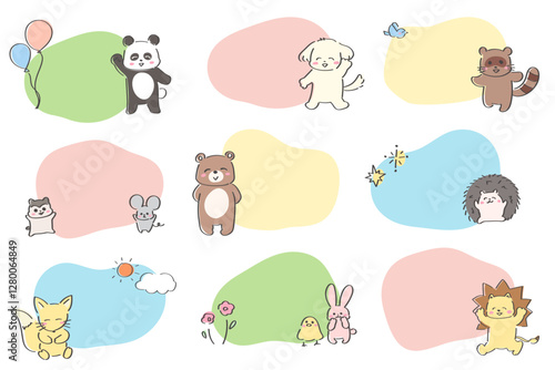 ゆるかわいい手描きの動物のフレームセット