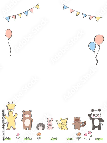 かわいい動物たちのお祝いフレーム　縦型　キリン　くま　ハリネズミ　うさぎ　たぬき　狐　パンダ