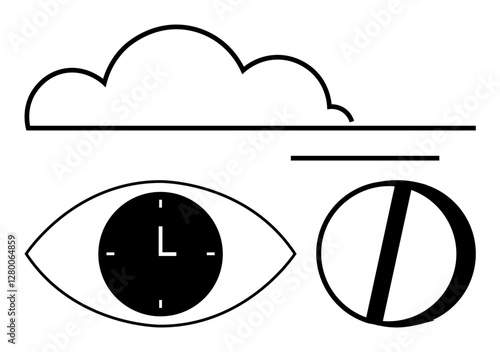 Outline of a cloud, clock inside an eye symbolizing time and vision, segmented circle signifying contrast or duality. Ideal for time management, mindfulness, balance, vision, data, contrast abstract