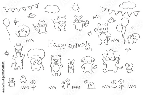 ゆるかわいい線画の動物全身イラストセット