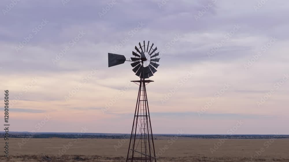 A windmill standing tall in a wide Texas landscape with a calm sky at sunset A windmill standing tall in a wide Texas landscape with a calm sky at sunset