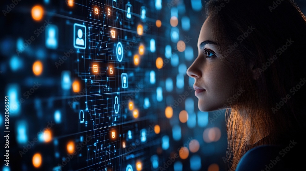 Woman Observing Futuristic Digital Interface Woman Observing Futuristic Digital Interface