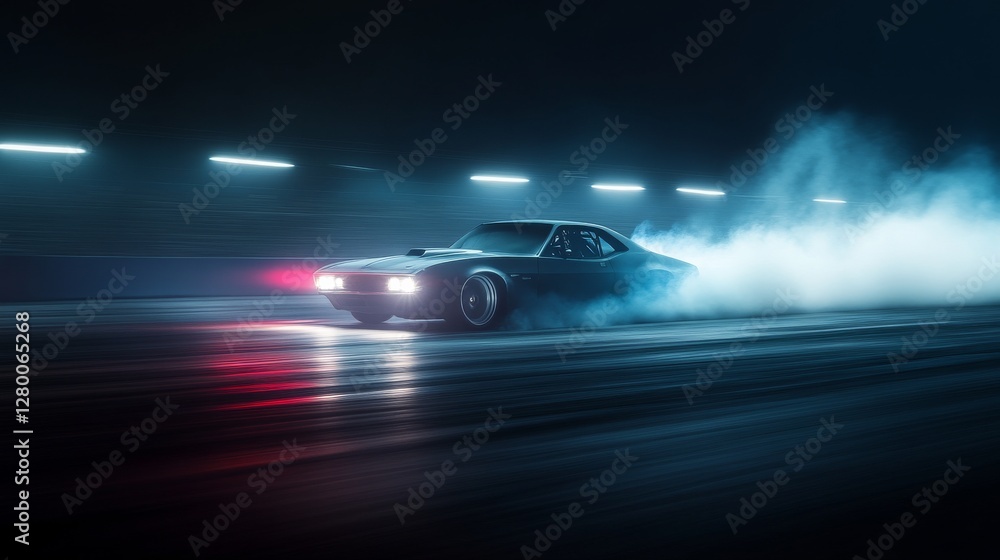 Drag racing car speeding through the night. Featuring raw speed and precision Drag racing car speeding through the night. Featuring raw speed and precision