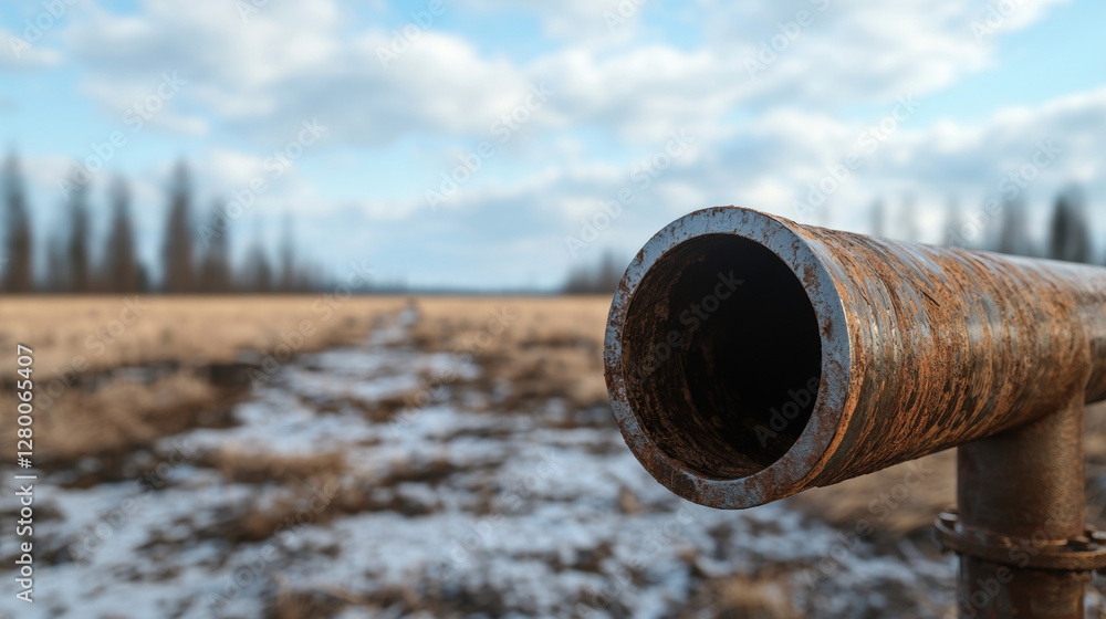 Environmental crisis. Rusty pipe against a rural landscape with cloudy skies. Environmental crisis. Rusty pipe against a rural landscape with cloudy skies.
