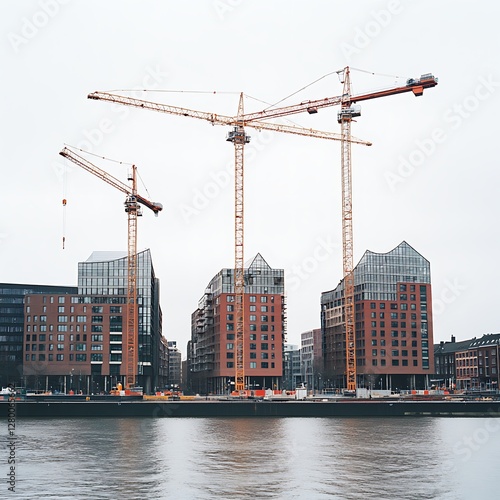 Construction cranes over waterfront city buildings