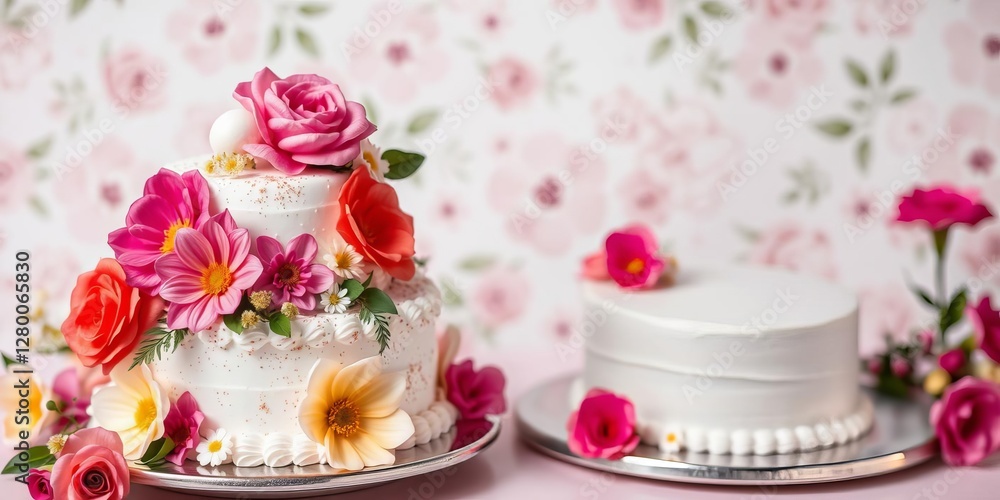Elegant three tier cake decorated with fresh flowers on soft pastel background, flowers, tasty, elegant Elegant three tier cake decorated with fresh flowers on soft pastel background, flowers, tasty, elegant