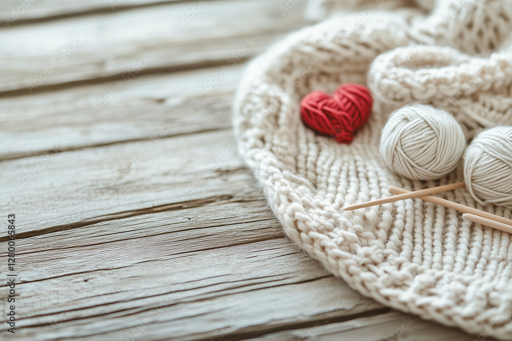 A cozy knitting scene with yarn balls, knitting needles, and a half-finished scarf on a wooden table with copy space. Soft warm light. Rustic home background. A cozy knitting scene with yarn balls, knitting needles, and a half-finished scarf on a wooden table with copy space. Soft warm light. Rustic home background.