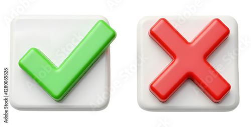 Correct and wrong check mark icon choice sign test checklist button flat design isolated on white background with vote yes or no element symbol box. 3D rendering on white background
