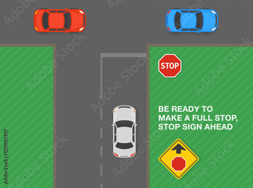 Safe driving tips and traffic regulation rules. United States "stop ahead" sign meaning. Top view of a traffic flow. Be ready to make a full stop. Flat vector illustration templat