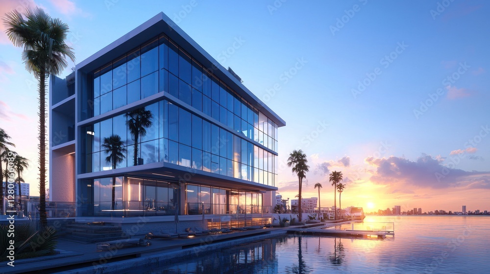 Modern glass building at sunset waterfront. Modern glass building at sunset waterfront.