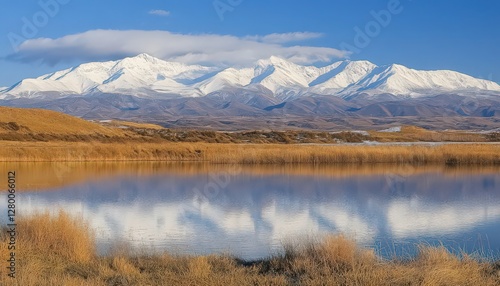 Snowy Mountain Range Reflected in Lake with Golden Reeds Under Bright Blue Sky