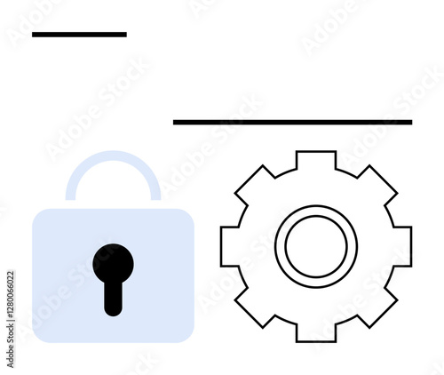 Padlock and gear symbolizing security and system operations. Ideal for cybersecurity, data protection, IT infrastructure, software design, safe management, technology workflows, abstract line flat