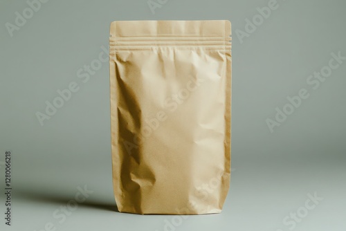 Studio Shot of Blank Brown Paper Pouch on Grey Background Packaging Mockup photo