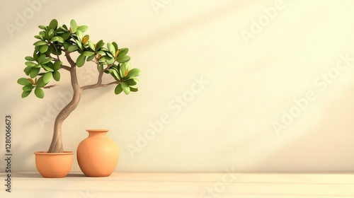 Tranquil Bonsai Tree in Terracotta Pot Against a Soft Beige Wall, Bathed in Warm Sunlight, Evoking Peace and Minimalist Aesthetics