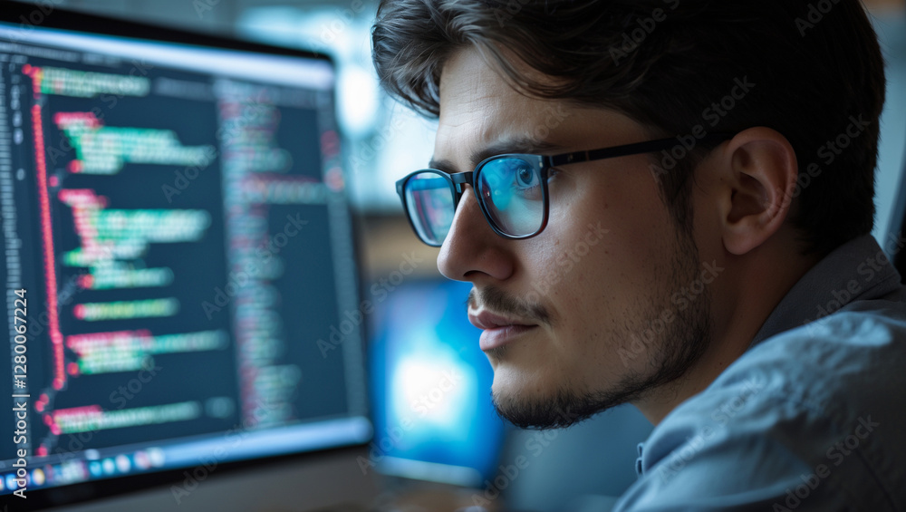 young man looking at computer screen with coding young man looking at computer screen with coding