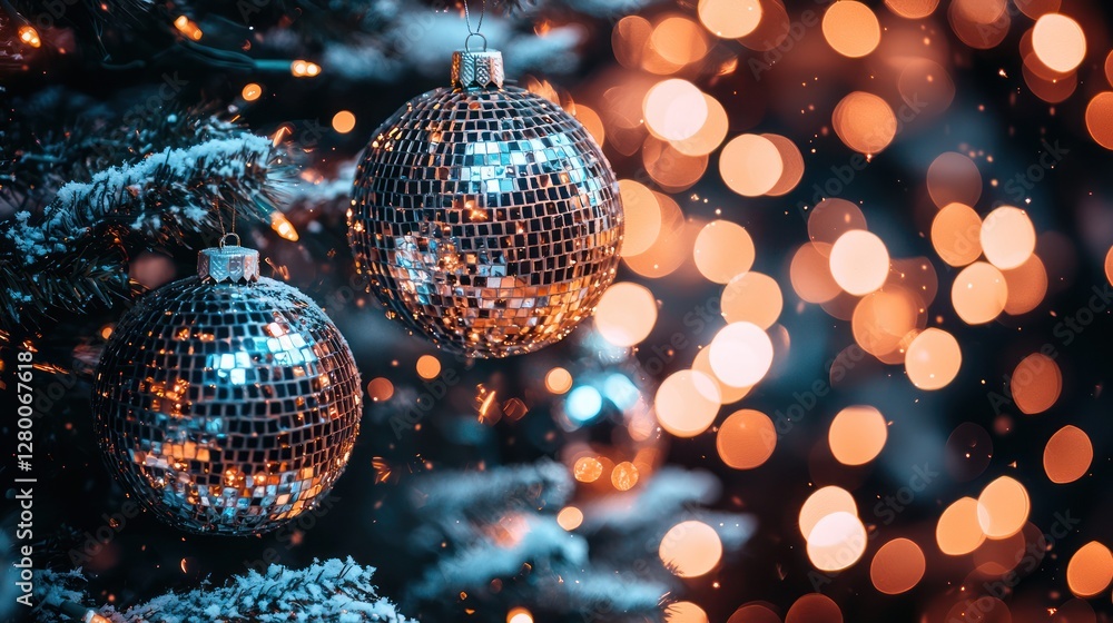 Obraz premium Sparkling Christmas Ornaments on a Snowy Tree with Warm Lights