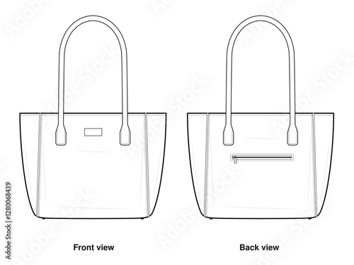 Classic Leather Tote Bag Technical Fashion Illustration. Elegant Handbag Vector Template. Front and Back View. Spacious Design. Reinforced Handles. Zipper Pocket Detail. Women’s Accessory. CAD Mockup.